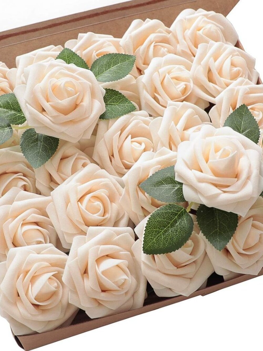 Artificial Flowers 25pcs Real Looking Cream Foam Fake Roses with Stems for DIY W